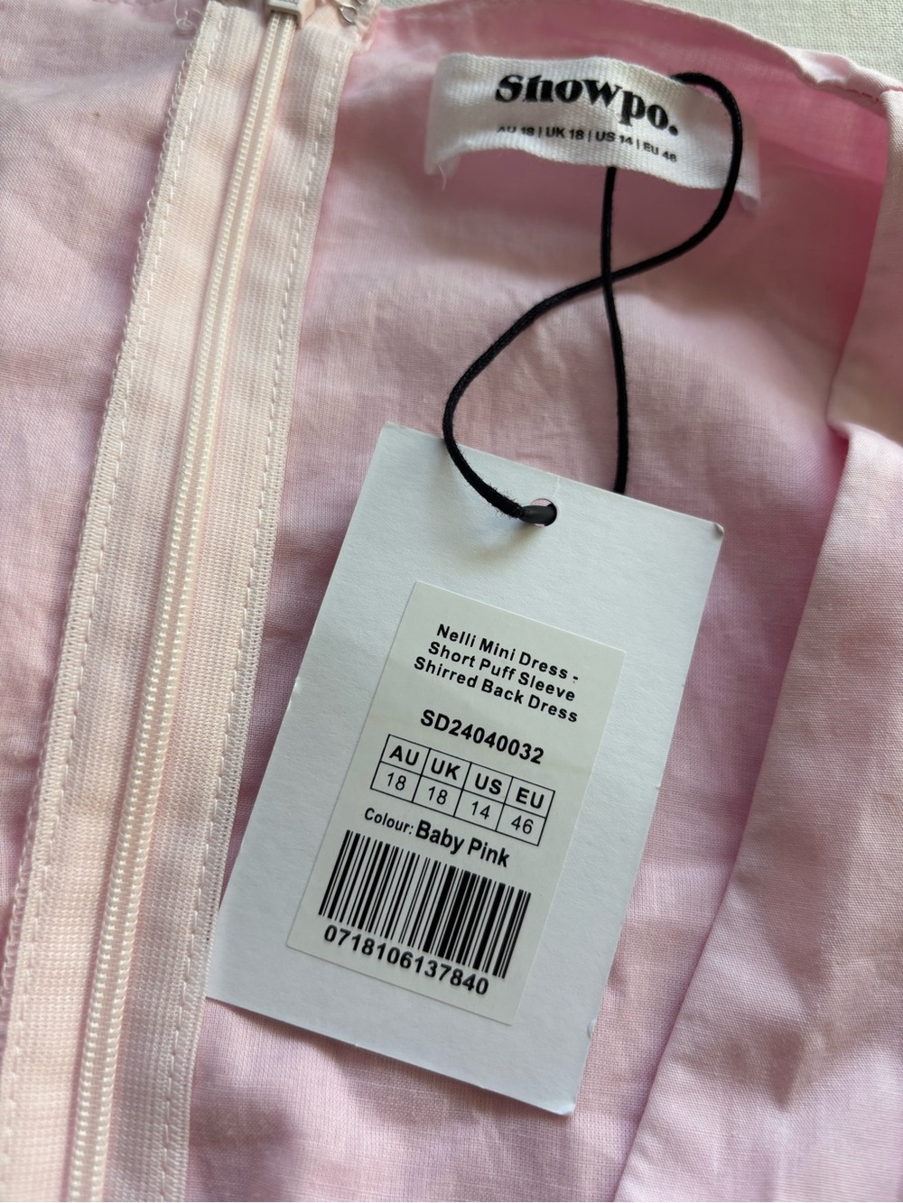 NWT Showpo Nelli Puff Sleeve Shirred Back Mini Dress Baby Pink Cotton Size 14 - Picture 4 of 10